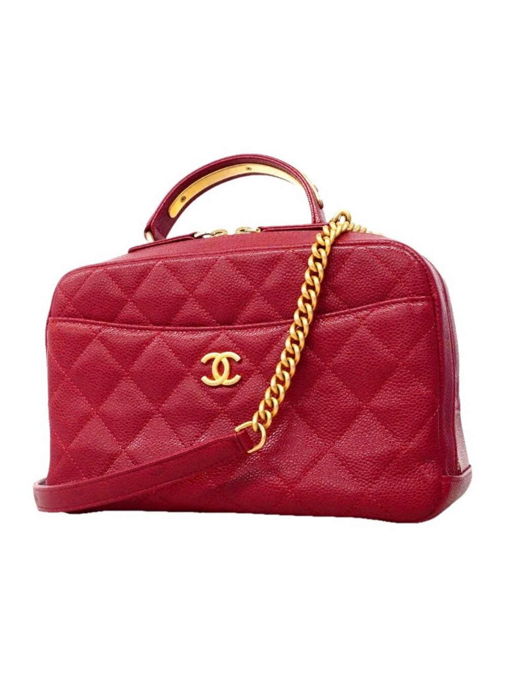 Chanel Handbag Quilted Caviar Leather Red Gold 2-Way Back